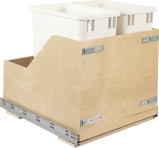 Double 35 Quart Wood Bottom-Mount Soft-close Trashcan Rollout for Door Mounting, Includes Two White Cans and Door Joining Bracket CDM-WBMD3521WH