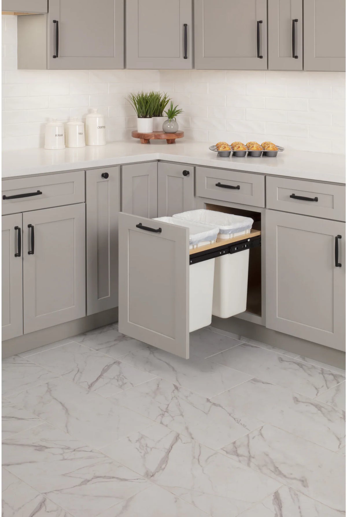 Waste Solution-Wood Top Mount Double White 35 Quart Top-Mount Trashcan Pullout for 15'' Opening CAN-TMD1535W-K