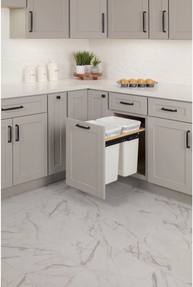 Waste Solution-Wood Top Mount Double White 35 Quart Top-Mount Trashcan Pullout for 15'' Opening CAN-TMD1535W-K