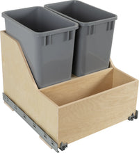 Double 35 Quart Wood Bottom-Mount Soft-close Trashcan Rollout for Door Mounting, Includes Two Grey Cans and Door Joining Bracket CDM-WBMD3521G