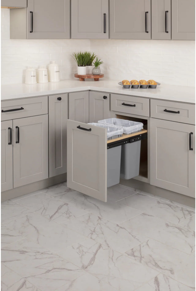 Waste Solution-Wood Top Mount Double Grey 35 Quart Top-Mount Trashcan Pullout for 15'' Opening CAN-TMD1535G-K