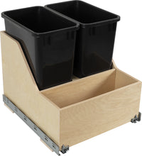 Double 35 Quart Wood Bottom-Mount Soft-close Trashcan Rollout for Door Mounting, Includes Two Black Cans and Door Joining Bracket CDM-WBMD3521B
