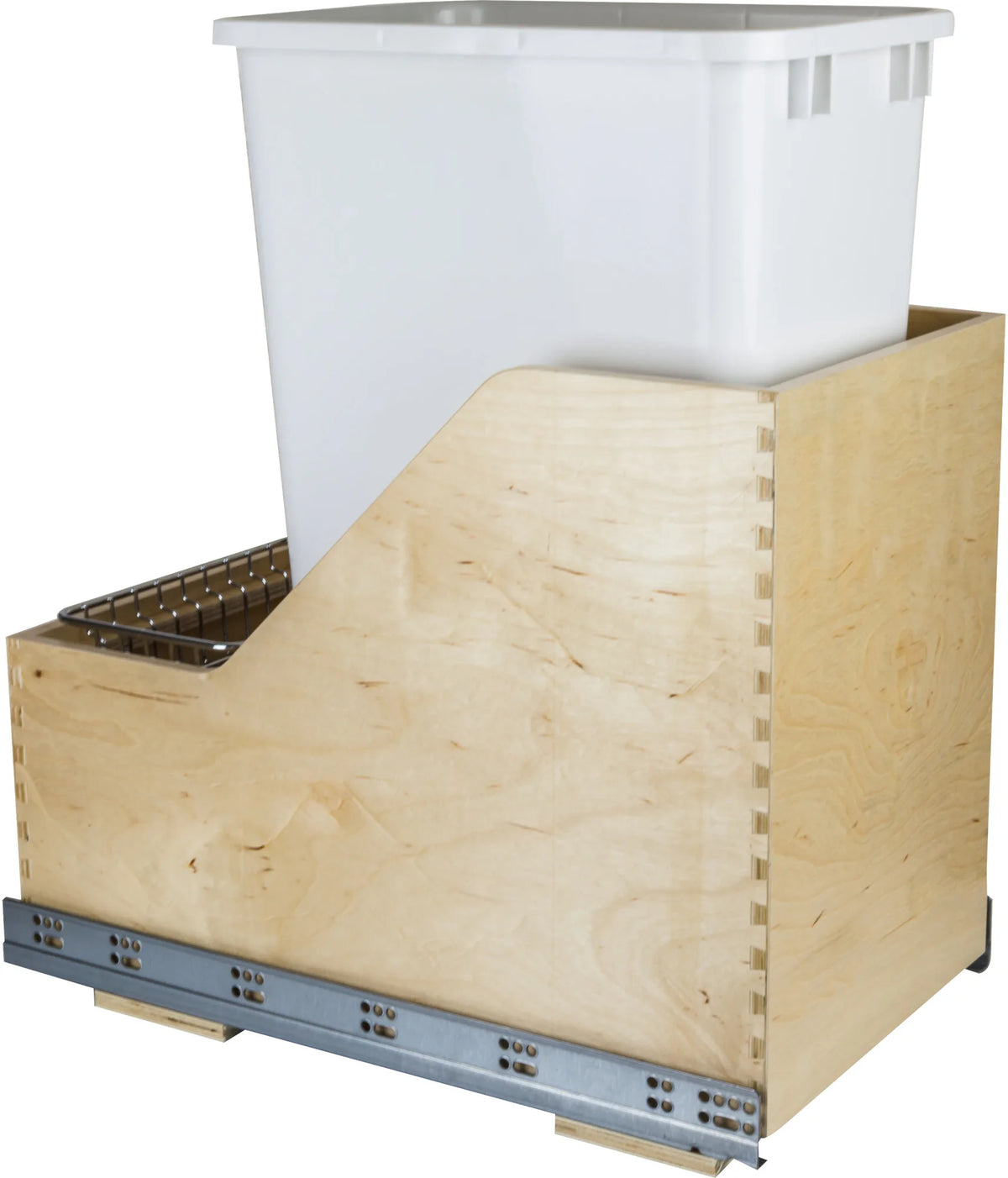 Single 50 Quart Wood Bottom-Mount Soft-close Trashcan Rollout for Hinged Doors, Includes One White Can CAN-WBMS50WH