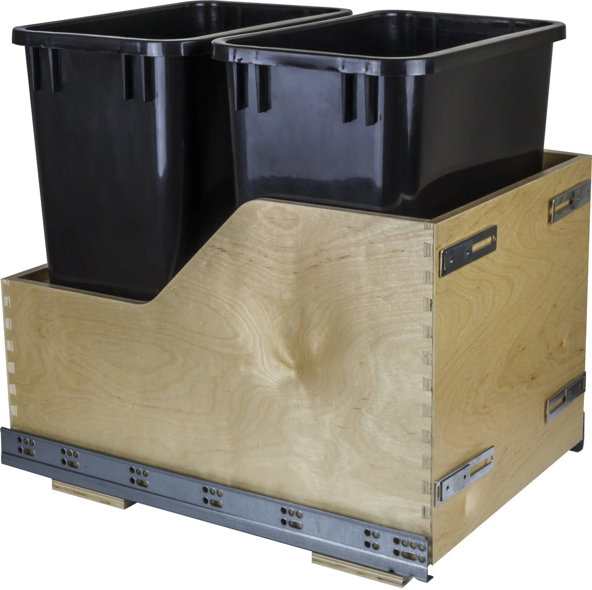 Double 35 Quart Wood Bottom-Mount Soft-close Trashcan Rollout for Door Mounting, Includes Two Cans CDM-WBMD35
