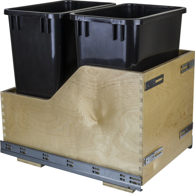 Double 35 Quart Wood Bottom-Mount Soft-close Trashcan Rollout for Door Mounting, Includes Two Cans CDM-WBMD35