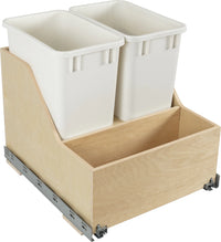Double 35 Quart Wood Bottom-Mount Soft-close Trashcan Rollout for Door Mounting, Includes Two White Cans and Door Joining Bracket CDM-WBMD3521WH
