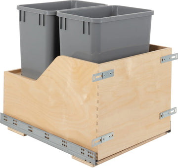 Double 35 Quart Wood Bottom-Mount Soft-close Trashcan Rollout for Door Mounting, Includes Two Grey Cans CDM-WBMD3518G