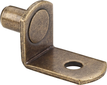 Antique Brass 1/4'' Pin Angled Shelf Support with 3/4'' Arm and 1/8'' Hole - (1000 pieces per pack) 1610AB