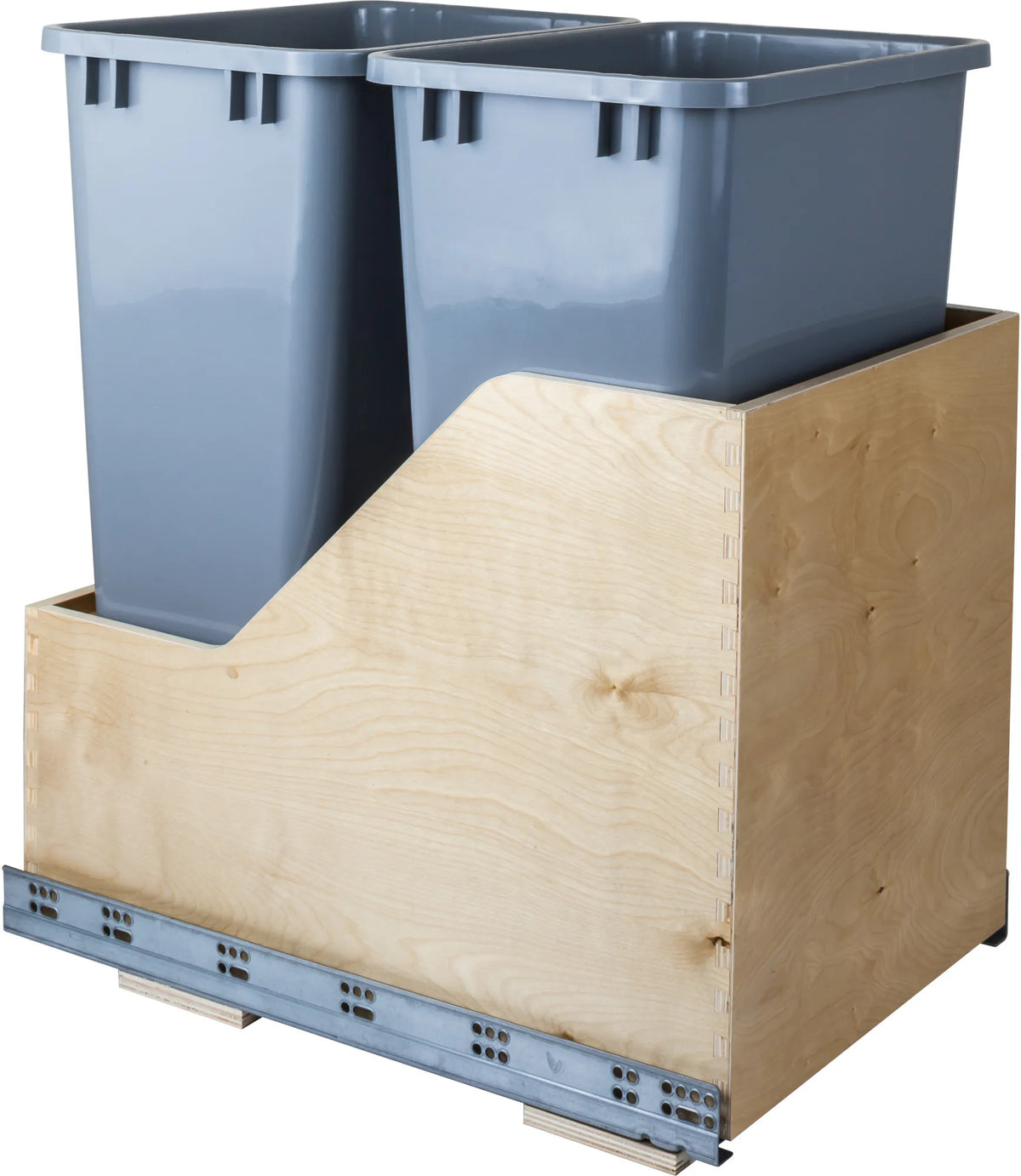 Double 50 Quart Wood Bottom-Mount Soft-close Trashcan Rollout for Hinged Doors, Includes Two Grey Cans CAN-WBMD50G