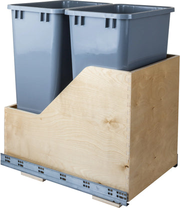 Double 50 Quart Wood Bottom-Mount Soft-close Trashcan Rollout for Hinged Doors, Includes Two Grey Cans CAN-WBMD50G