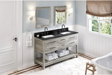 Wavecrest 60'' Weathered Grey Vanity, double bowl, Black Granite Vanity Top, two undermount rectangle bowls VKITWAV60WGBGR