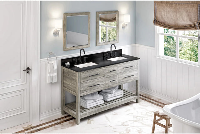 Wavecrest 60'' Weathered Grey Vanity, double bowl, Black Granite Vanity Top, two undermount rectangle bowls VKITWAV60WGBGR