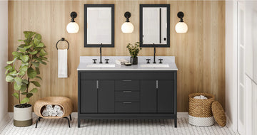 Theodora 60'' Black Vanity, double bowl, White Carrara Marble Vanity Top, two undermount rectangle bowls VKITTHE60BKWCR