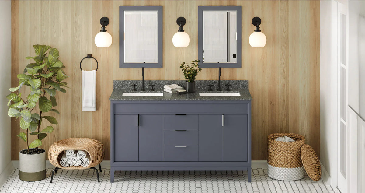 Theodora 60'' Blue Steel Vanity, double bowl, Boulder Cultured Marble Vanity Top, two undermount rectangle bowls VKITTHE60BSBOR