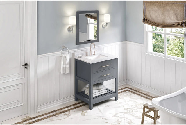 Wavecrest 30'' Grey Vanity, White Carrara Marble Vanity Top, undermount rectangle bowl VKITWAV30GRWCR