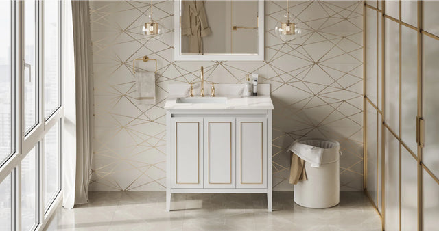 Percival 36'' White Vanity, left offset, Calacatta Vienna Quartz Vanity Top, undermount rectangle bowl VKITPER36WHCQR