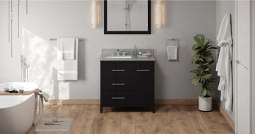 Katara 36'' Black Vanity, left offset, Steel Grey Cultured Marble Vanity Top, undermount rectangle bowl VKITKAT36BKSGR