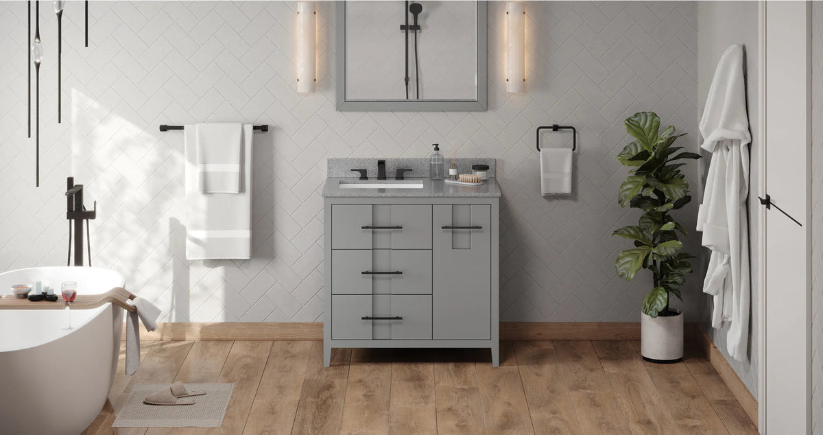 Katara 36'' Grey Vanity, left offset, Steel Grey Cultured Marble Vanity Top, undermount rectangle bowl VKITKAT36GRSGR