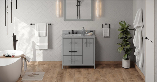 Katara 36'' Grey Vanity, left offset, Steel Grey Cultured Marble Vanity Top, undermount rectangle bowl VKITKAT36GRSGR