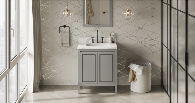 Percival 30'' Grey Vanity, Calacatta Vienna Quartz Vanity Top, undermount rectangle bowl VKITPER30GRCQR