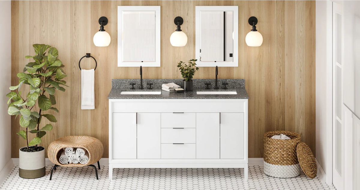 Theodora 60'' White Vanity, double bowl, Boulder Cultured Marble Vanity Top, two undermount rectangle bowls VKITTHE60WHBOR