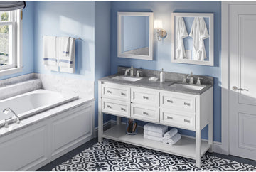 Adler 60'' White Vanity, double bowl, Boulder Cultured Marble Vanity Top, two undermount rectangle bowls VKITADL60WHBOR