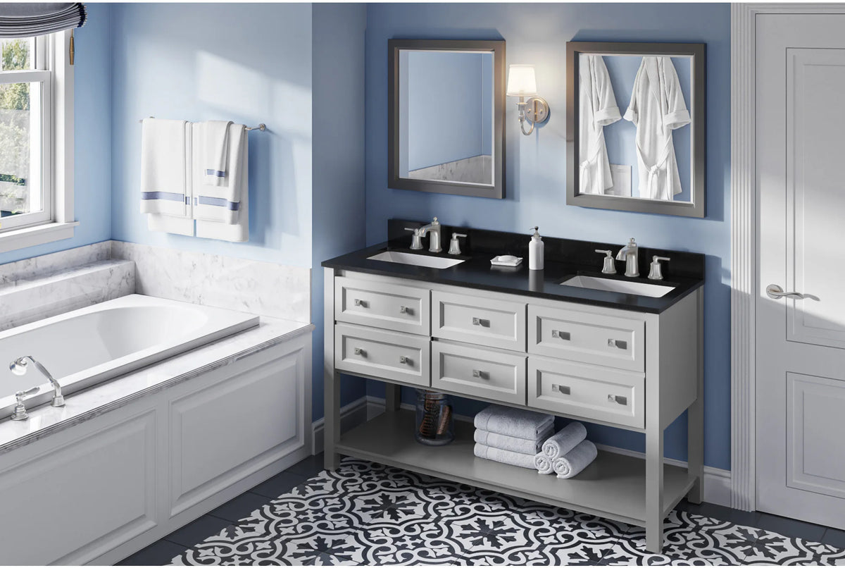 Adler 60'' Grey Vanity, double bowl, Black Granite Vanity Top, two undermount rectangle bowls VKITADL60GRBGR
