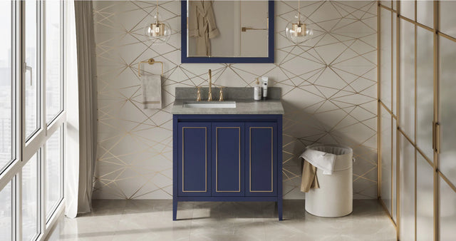Percival 36'' Hale Blue Vanity, left offset, Steel Grey Cultured Marble Vanity Top, undermount rectangle bowl VKITPER36BLSGR