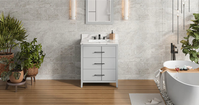 Katara 30'' Grey Vanity, Calacatta Vienna Quartz Vanity Top, undermount rectangle bowl VKITKAT30GRCQR