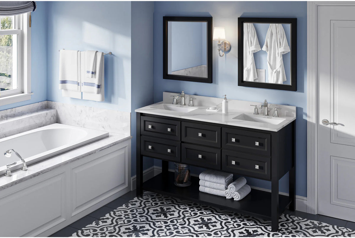 Adler 60'' Black Vanity, double bowl, Calacatta Vienna Quartz Vanity Top, two undermount rectangle bowls VKITADL60BKCQR