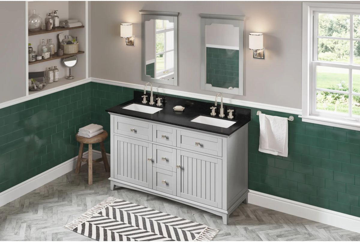 Savino 60'' Grey Vanity, double bowl, Black Granite Vanity Top, two undermount rectangle bowls VKITSAV60GRBGR