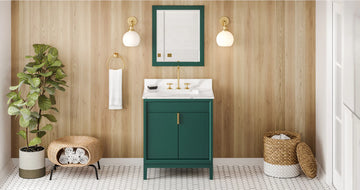 Theodora 30'' Forest Green Vanity, Calacatta Vienna Quartz Vanity Top, undermount rectangle bowl VKITTHE30GNCQR