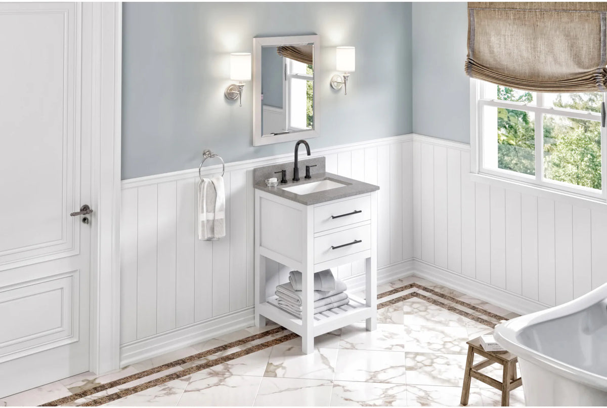 Wavecrest 24'' White Vanity, Steel Grey Cultured Marble Vanity Top, undermount rectangle bowl VKITWAV24WHSGR