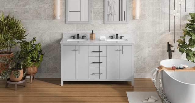 Katara 60'' Grey Vanity, double bowl, White Carrara Marble Vanity Top, two undermount rectangle bowls VKITKAT60GRWCR