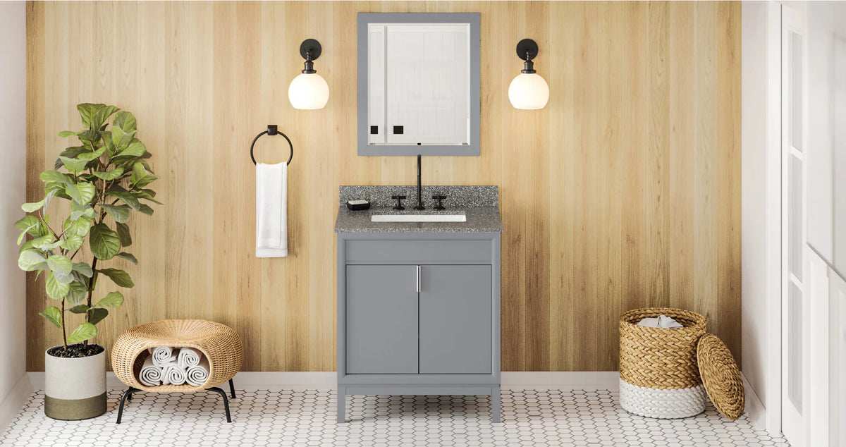 Theodora 30'' Grey Vanity, Boulder Cultured Marble Vanity Top, undermount rectangle bowl VKITTHE30GRBOR