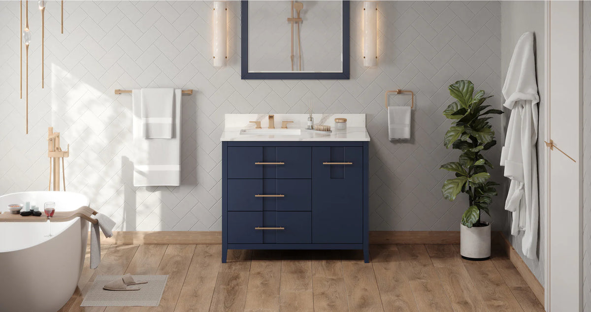 Katara 42'' Hale Blue Vanity, left offset, Calacatta Vienna Quartz Vanity Top, undermount rectangle bowl VKITKAT42BLCQR