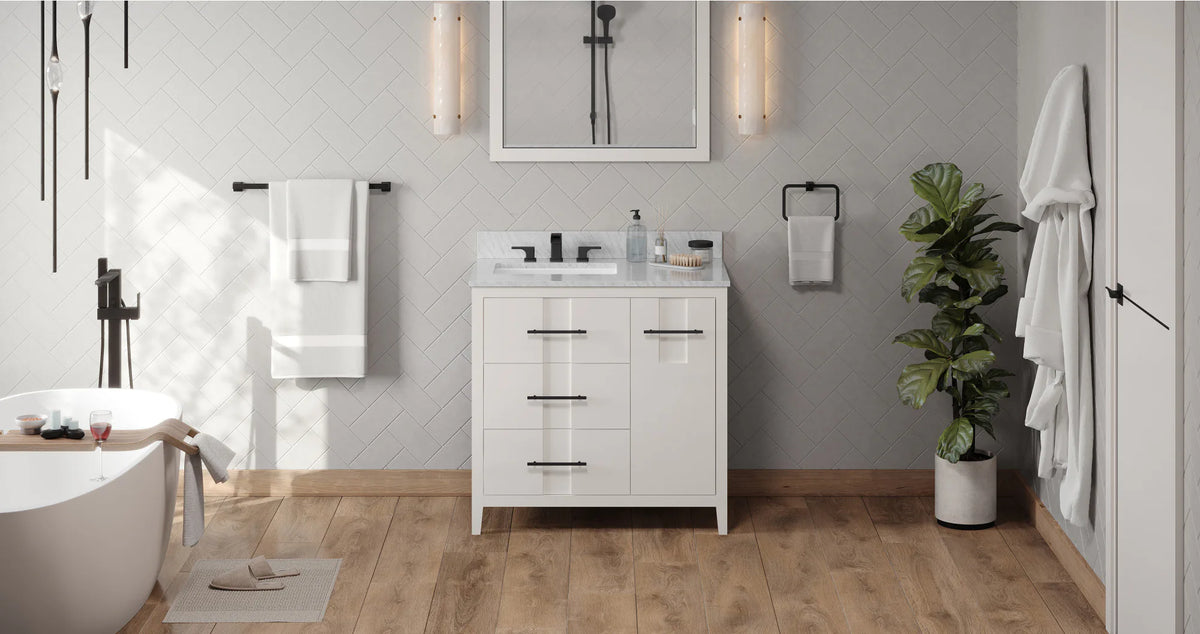 Katara 36'' White Vanity, left offset, White Carrara Marble Vanity Top, undermount rectangle bowl VKITKAT36WHWCR
