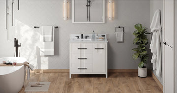 Katara 36'' White Vanity, left offset, White Carrara Marble Vanity Top, undermount rectangle bowl VKITKAT36WHWCR