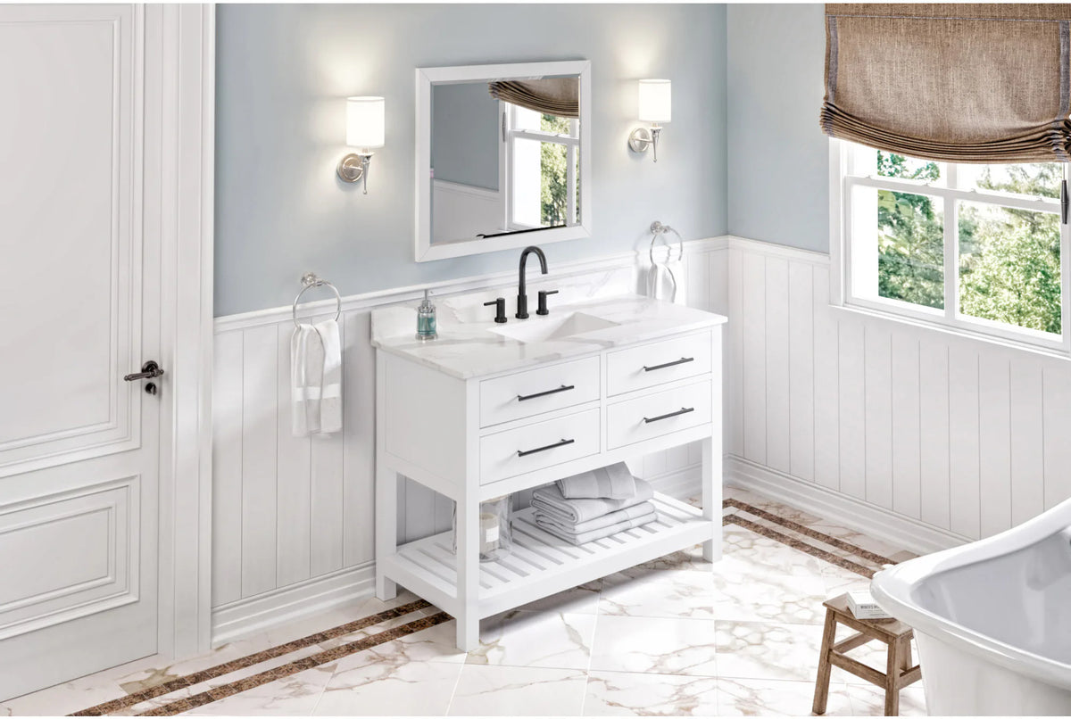 Wavecrest 48'' White Vanity, Calacatta Vienna Quartz Vanity Top, undermount rectangle bowl VKITWAV48WHCQR