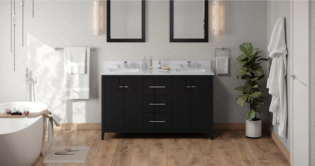 Katara 60'' Black Vanity, double bowl, White Carrara Marble Vanity Top, two undermount rectangle bowls VKITKAT60BKWCR