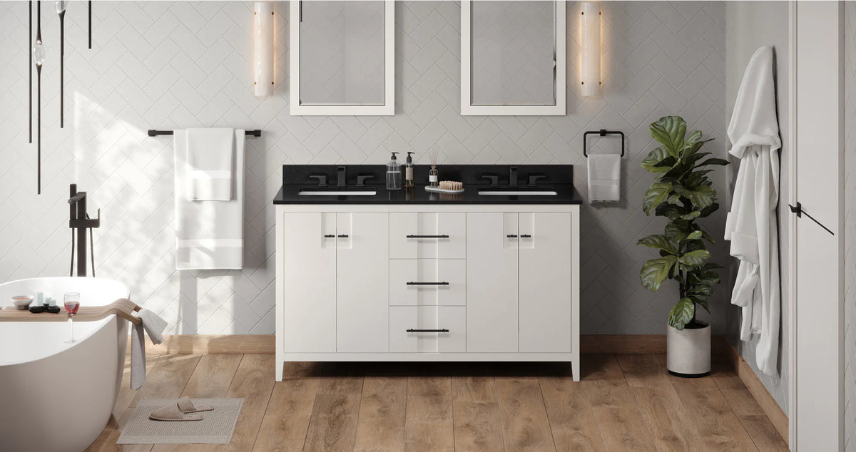 Katara 60'' White Vanity, double bowl, Black Granite Vanity Top, two undermount rectangle bowls VKITKAT60WHBGR