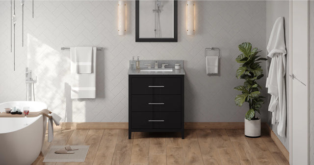 Katara 30'' Black Vanity, Steel Grey Cultured Marble Vanity Top, undermount rectangle bowl VKITKAT30BKSGR