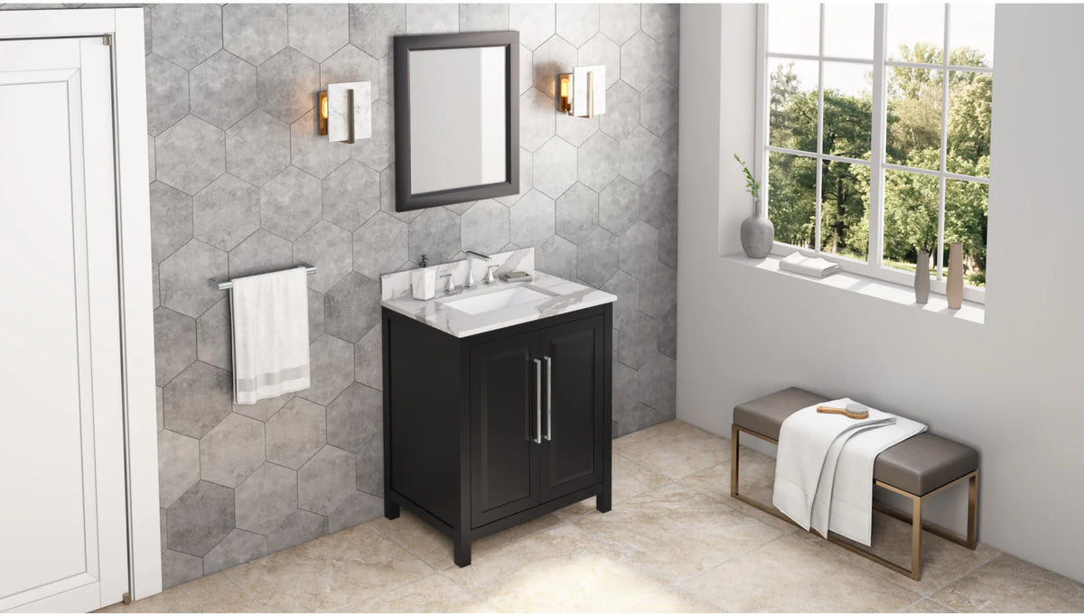 Cade 30'' Black Vanity, Calacatta Vienna Quartz Vanity Top, undermount rectangle bowl VKITCAD30BKCQR