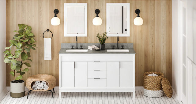 Theodora 60'' White Vanity, double bowl, Steel Grey Cultured Marble Vanity Top, two undermount rectangle bowls VKITTHE60WHSGR