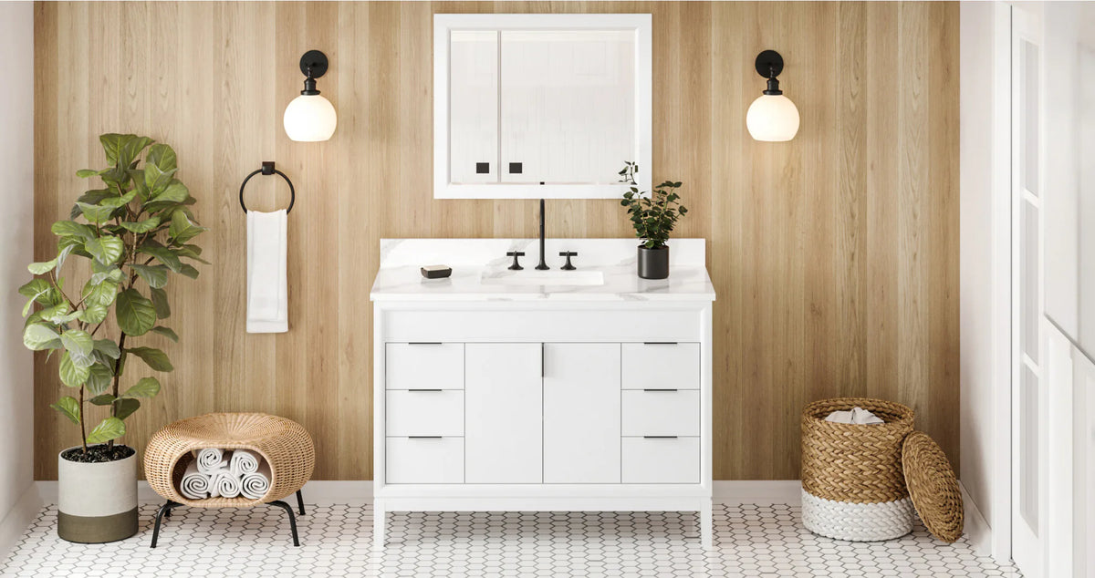 Theodora 48'' White Vanity, Calacatta Vienna Quartz Vanity Top, undermount rectangle bowl VKITTHE48WHCQR