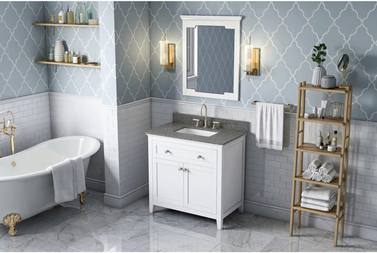 Chatham 36'' White Vanity, Boulder Cultured Marble Vanity Top, undermount rectangle bowl VKITCHA36WHBOR