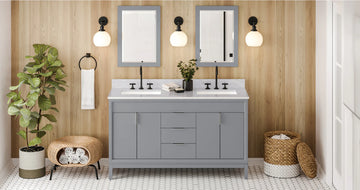 Theodora 60'' Grey Vanity, double bowl, White Carrara Marble Vanity Top, two undermount rectangle bowls VKITTHE60GRWCR