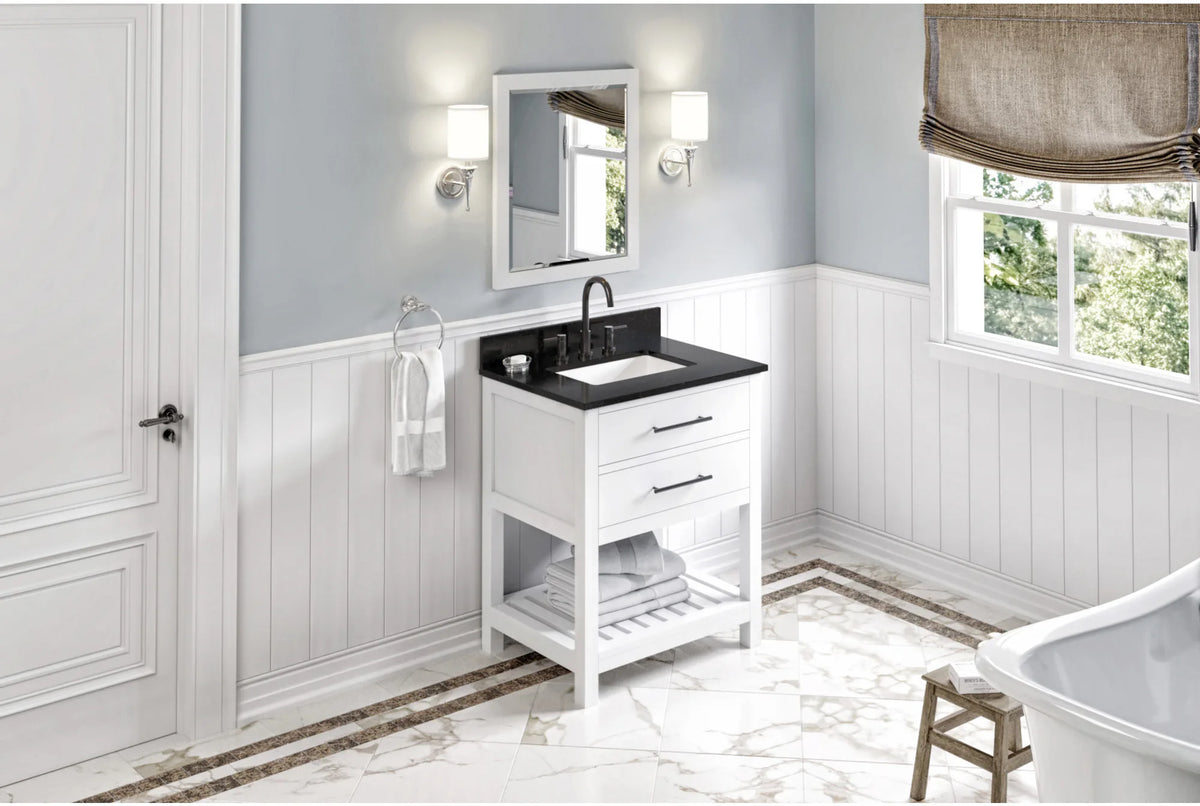 Wavecrest 30'' White Vanity, Black Granite Vanity Top, undermount rectangle bowl VKITWAV30WHBGR