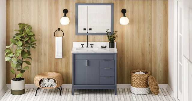 Theodora 36'' Blue Steel Vanity, left offset, Calacatta Vienna Quartz Vanity Top, undermount rectangle bowl VKITTHE36BSCQR