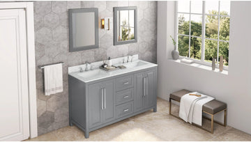 Cade 60'' Grey Vanity, double bowl, White Carrara Marble Vanity Top, undermount rectangle bowl VKITCAD60GRWCR